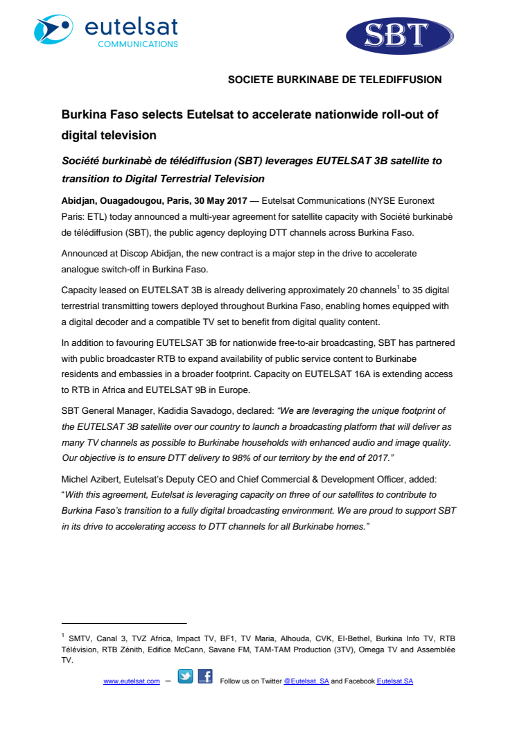 Burkina Faso selects Eutelsat to accelerate nationwide roll-out of digital television