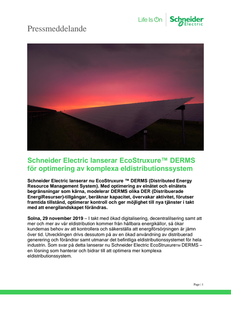 Schneider Electric lanserar EcoStruxure™ DERMS för optimering av komplexa eldistributionssystem