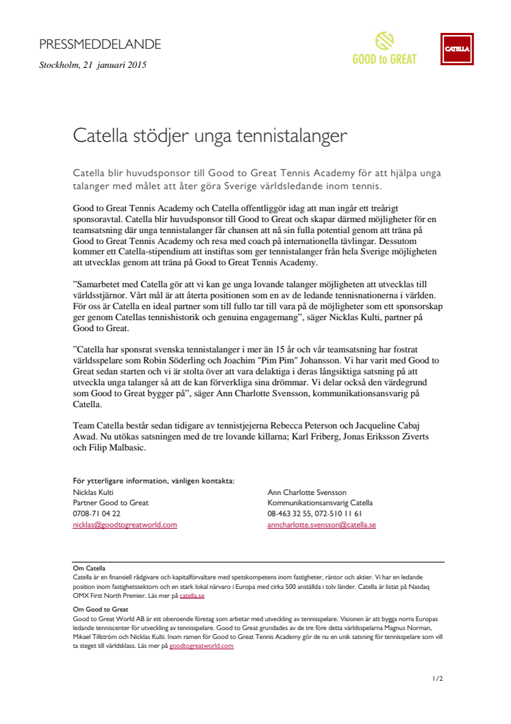 Catella stödjer unga tennistalanger