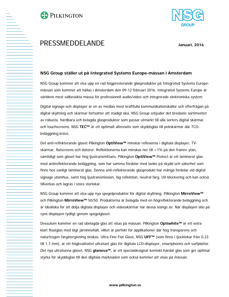 NSG Group ställer ut på Integrated Systems Europe-mässan i Amsterdam