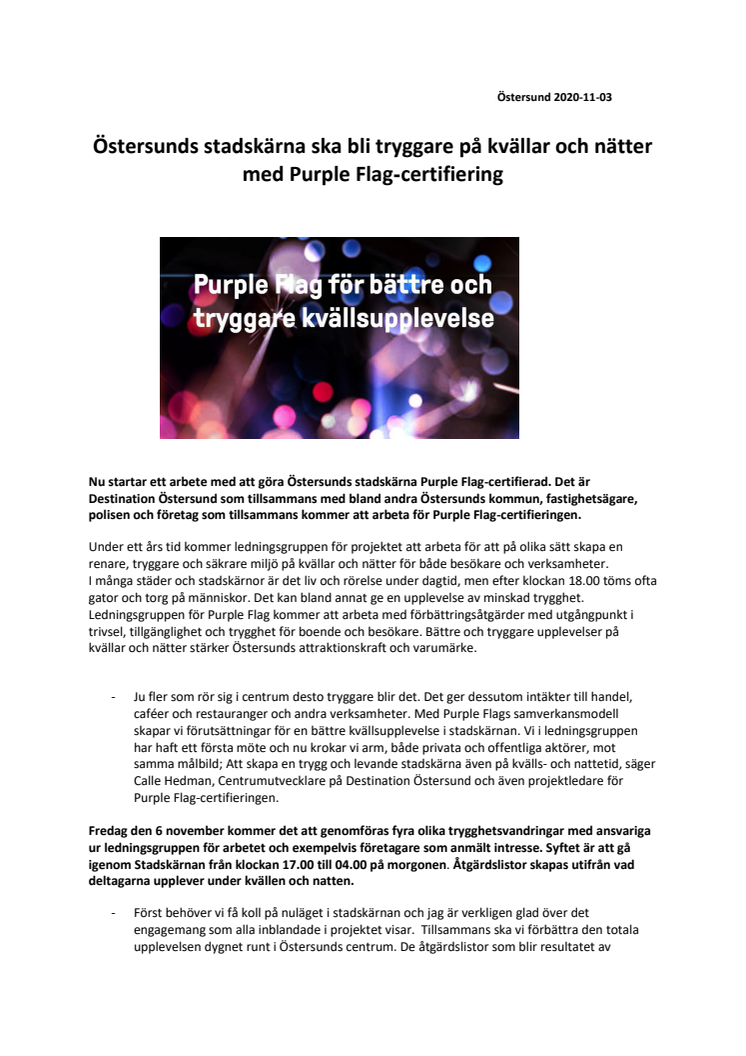 Östersunds stadskärna ska bli tryggare på kvällar och nätter med Purple Flag-certifiering 
