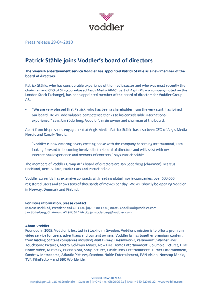 Patrick Ståhle joins Voddler’s board of directors