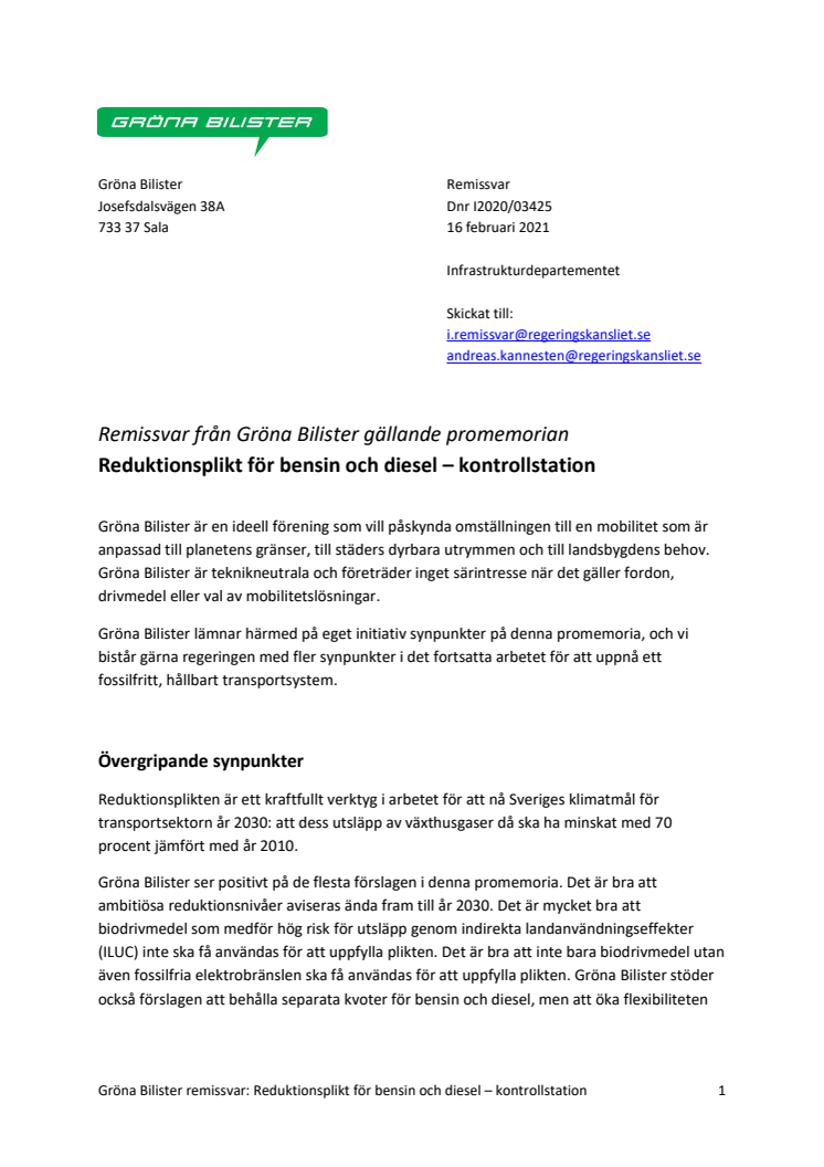 Gröna Bilister remissvar Reduktionsplikt för bensin och diesel - kontrollstation Dnr I2020 03425.pdf