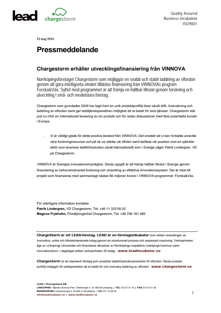 Chargestorm erhåller utvecklingsfinansiering från VINNOVA