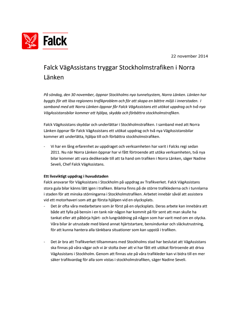 Falck VägAssistans tryggar Stockholmstrafiken i Norra Länken 