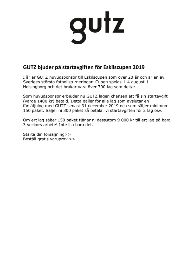 GUTZ bjuder på startavgiften för Eskilscupen 2019