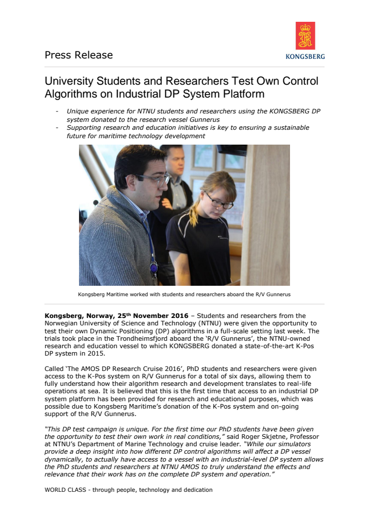 Kongsberg Maritime: University Students and Researchers Test Own Control Algorithms on Industrial DP System Platform