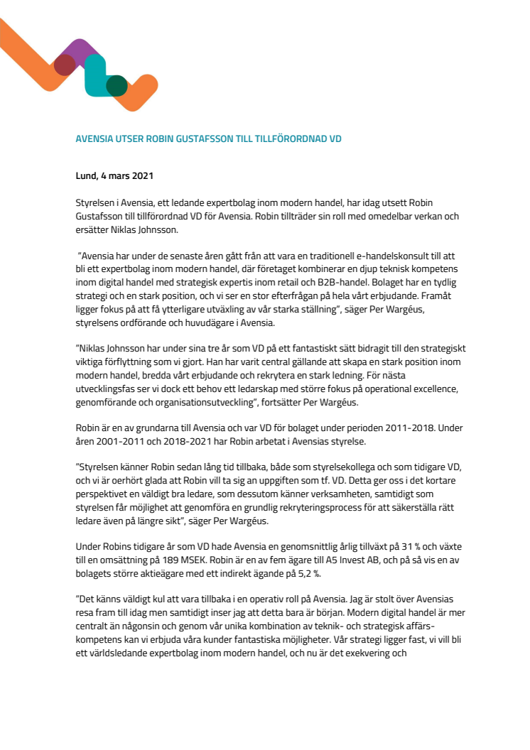 Avensia utser Robin Gustafsson till tillförordnad VD