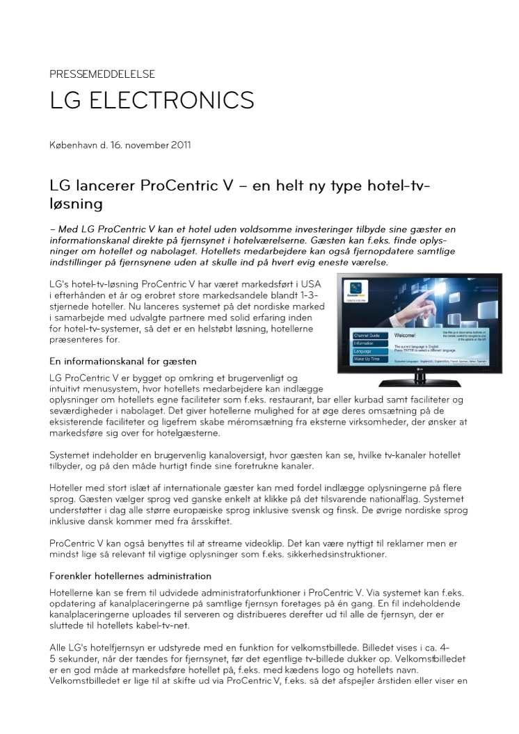 LG lancerer ProCentric V – en helt ny type hotel-tv-løsning