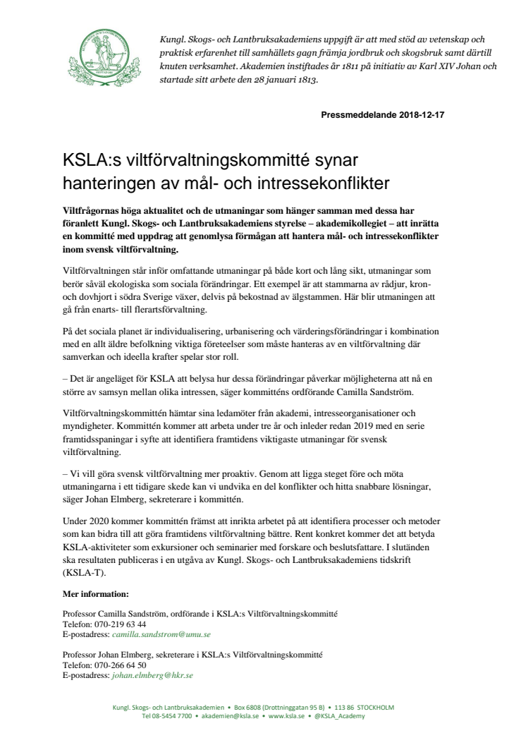 KSLA:s viltförvaltningskommitté synar hanteringen av mål- och intressekonflikter