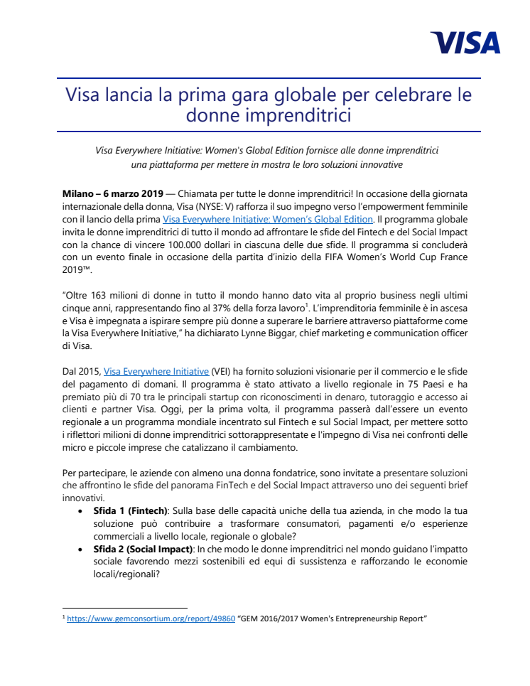 Visa lancia la prima gara globale per celebrare le donne imprenditrici 