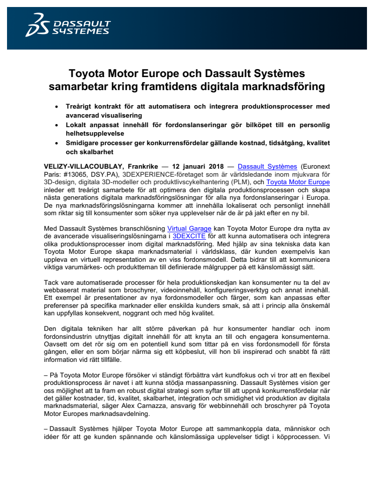 ​Toyota Motor Europe och Dassault Systèmes samarbetar kring framtidens digitala marknadsföring