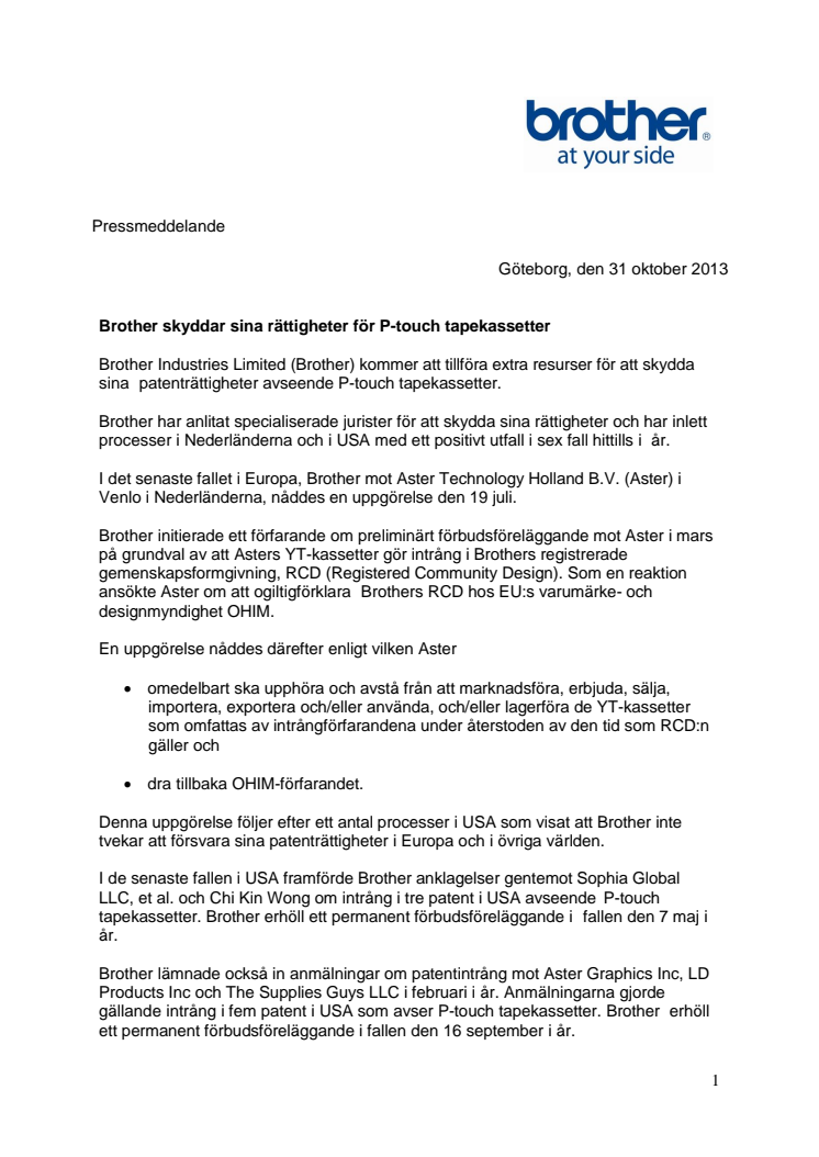 Brother skyddar sina rättigheter för P-touch tapekassetter