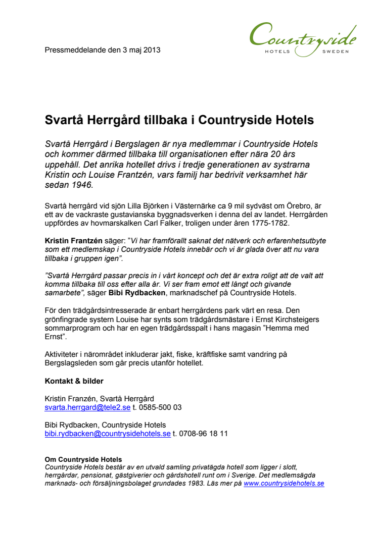 Svartå Herrgård tillbaka till Countryside Hotels