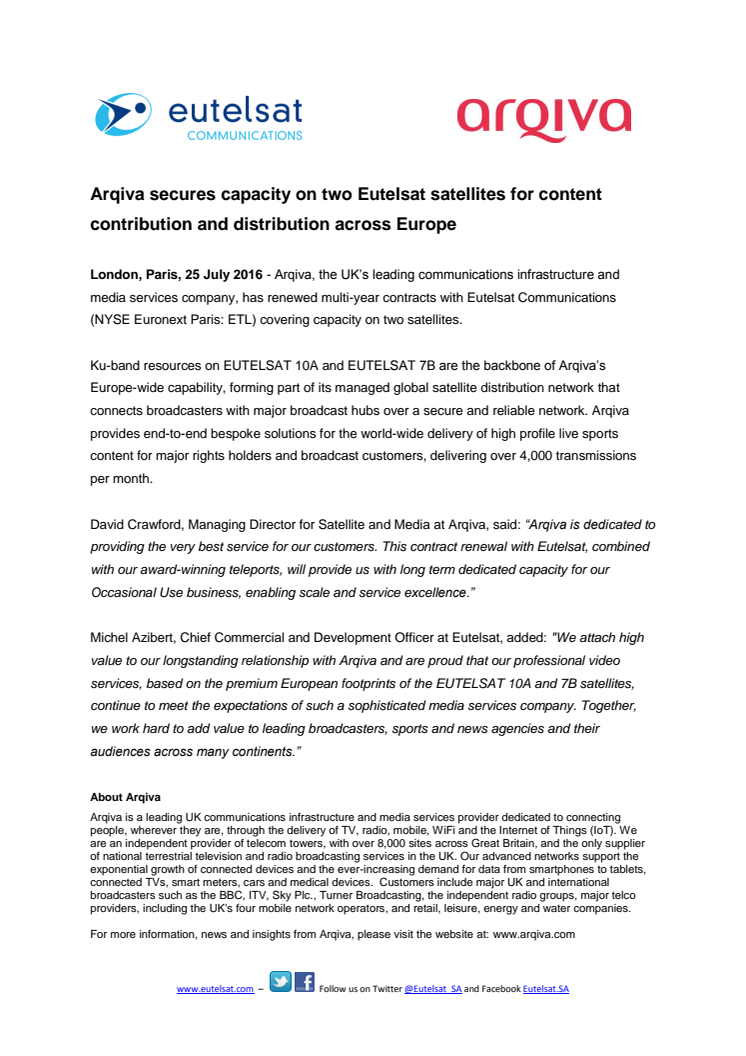 Arqiva secures capacity on two Eutelsat satellites for content contribution and distribution across Europe