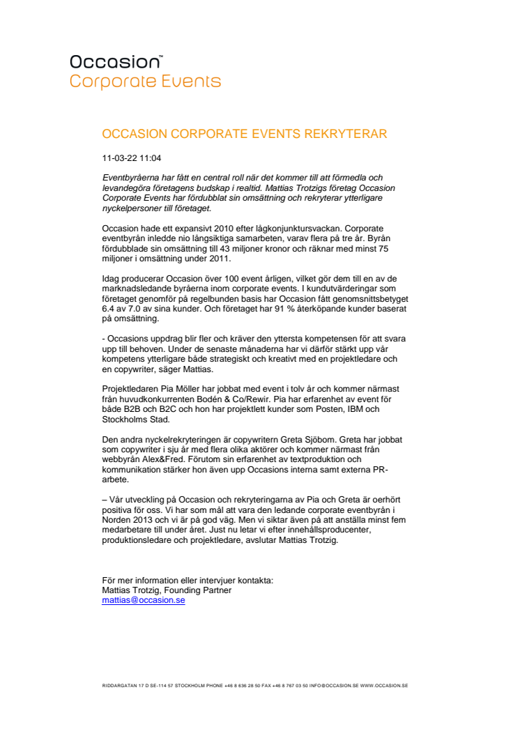 OCCASION CORPORATE EVENTS REKRYTERAR