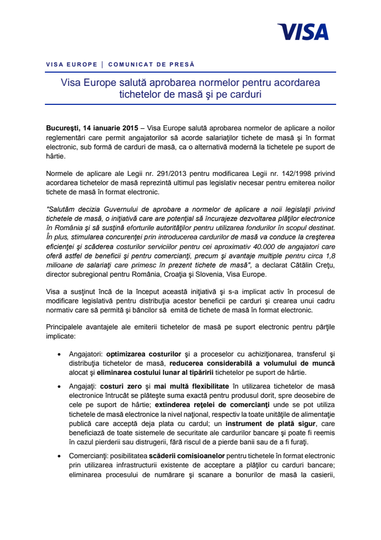 Visa Europe salută aprobarea normelor pentru acordarea tichetelor de masă şi pe carduri  