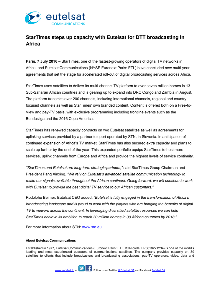 StarTimes steps up capacity with Eutelsat for DTT broadcasting in Africa