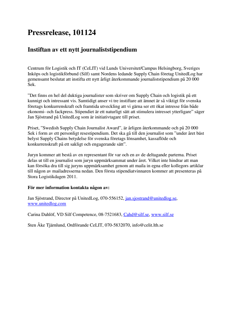 Instiftan av ett nytt journaliststipendium