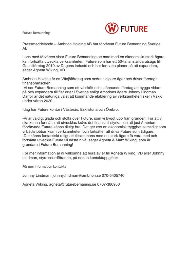 Ambrion Holding AB har förvärvat Future Bemanning Sverige AB