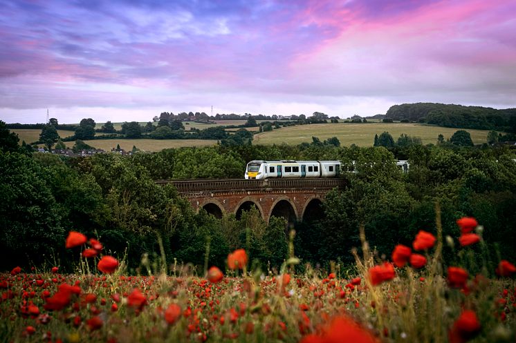 A Thameslink train takes the scenic route over Eynsford Viaduct