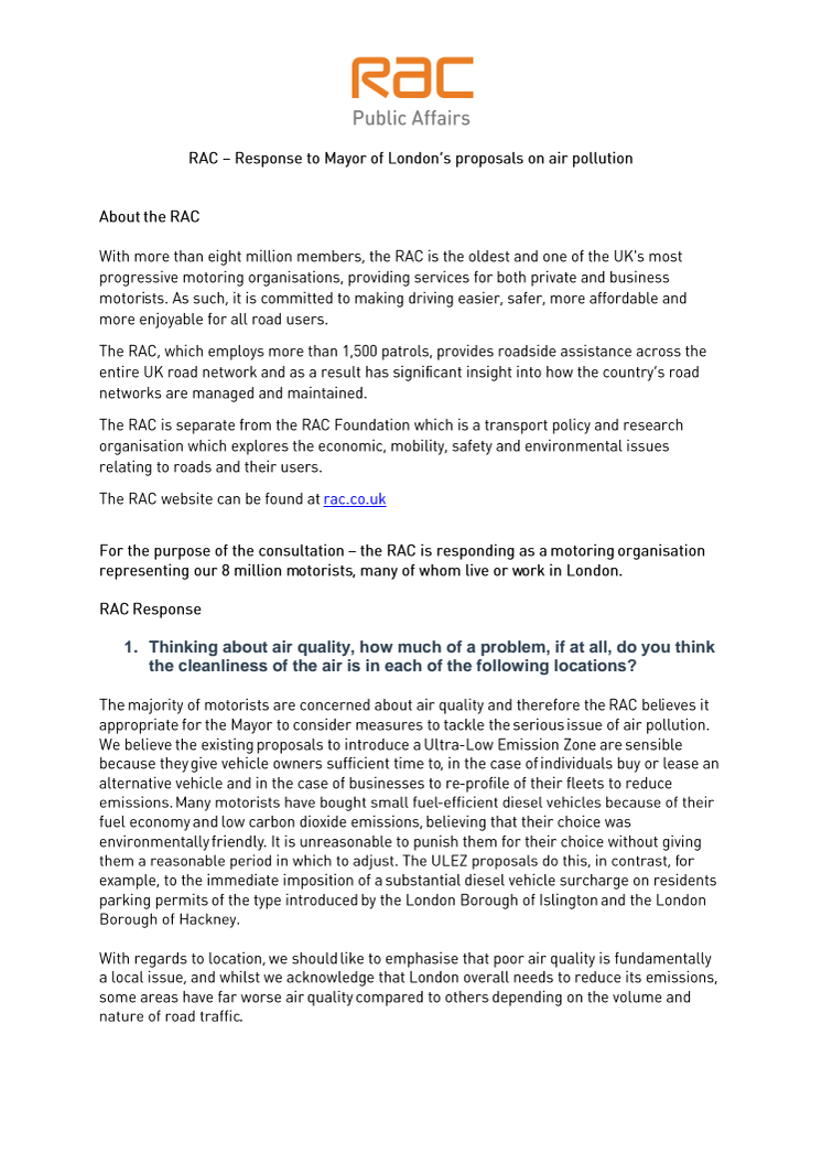 RAC response to the Mayor of London's proposals to improve air quality