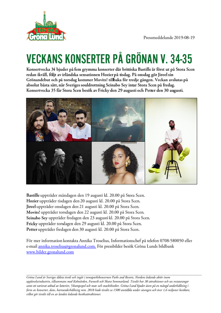 Veckans konserter på Grönan V. 34-35