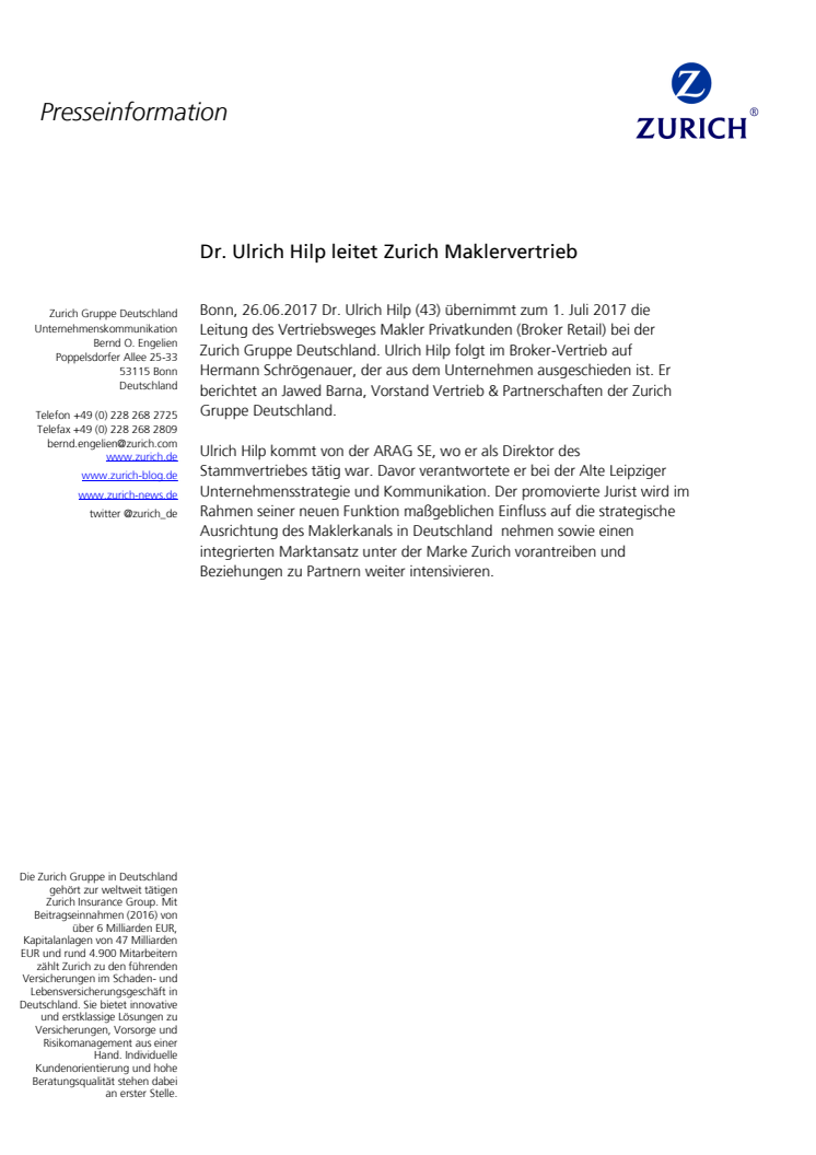 Dr. Ulrich Hilp leitet Zurich Maklervertrieb