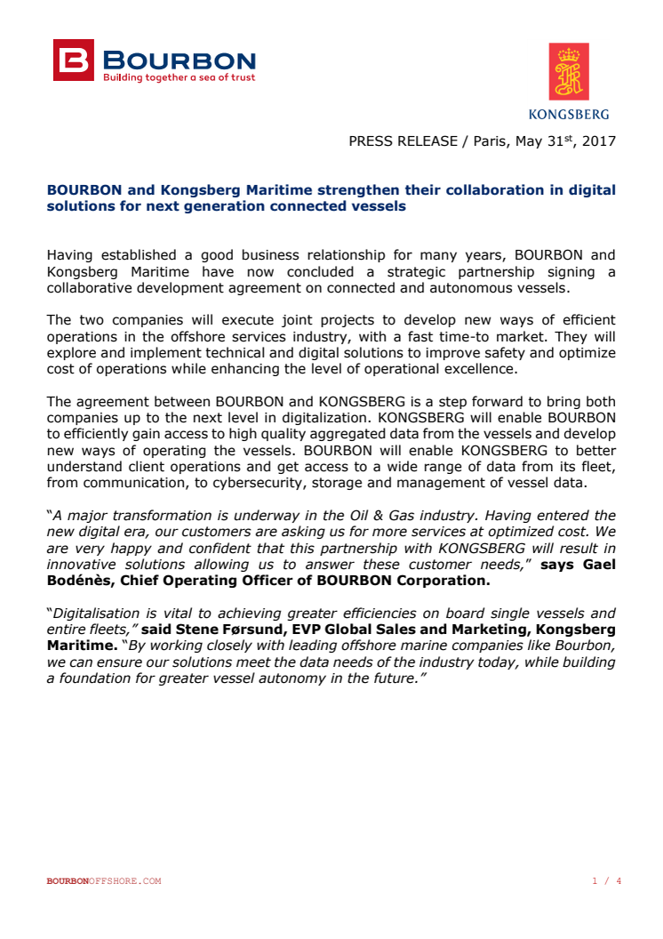 Kongsberg Maritime: ​BOURBON and Kongsberg Maritime strengthen their collaboration in digital solutions for next generation connected vessels