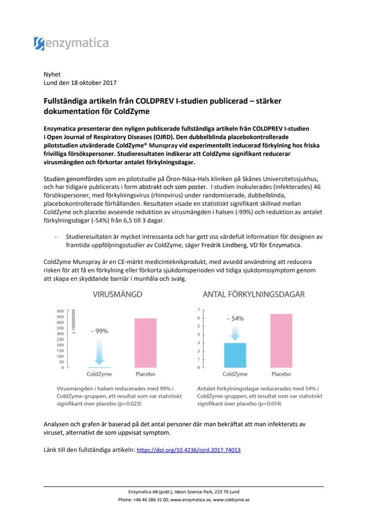 Fullständiga artikeln från COLDPREV I-studien publicerad – stärker dokumentation för ColdZyme