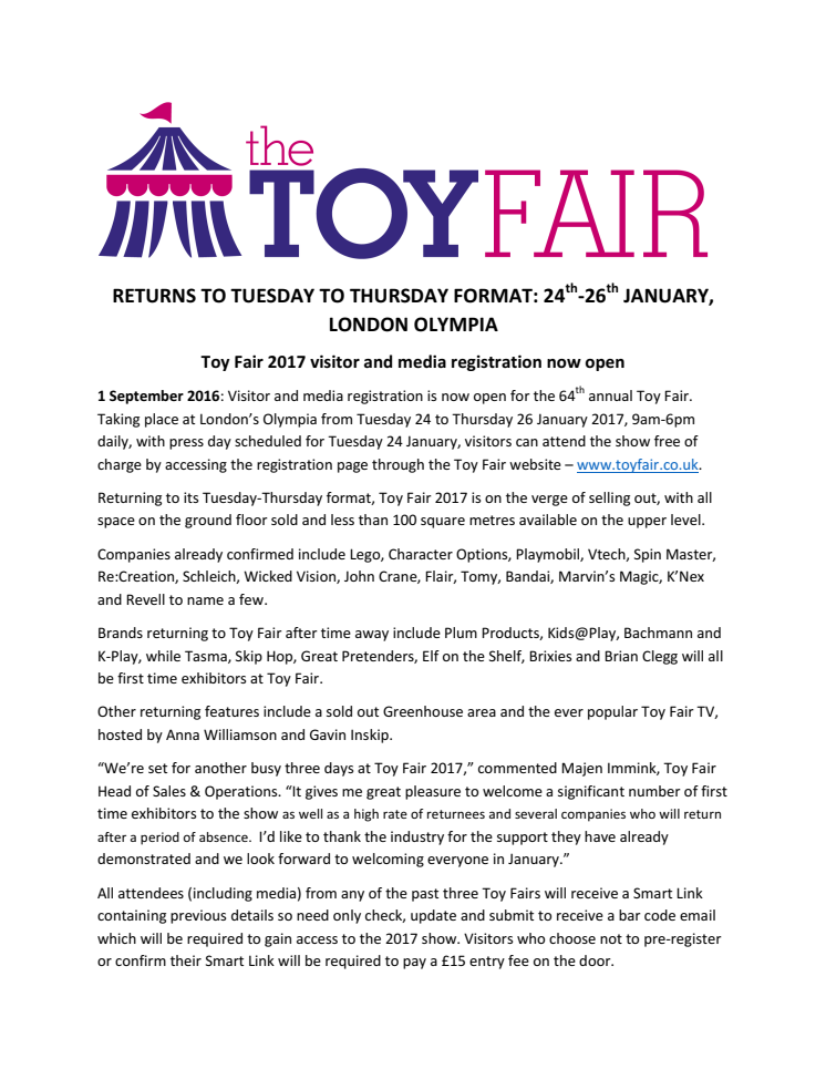 Toy Fair Returns to Tuesday to Thursday Format: 24th-26th January, London Olympia