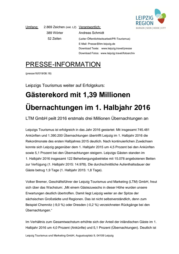 Leipzigs Tourismus weiter auf Erfolgskurs: Gästerekord mit 1,39 Millionen Übernachtungen im 1. Halbjahr 2016