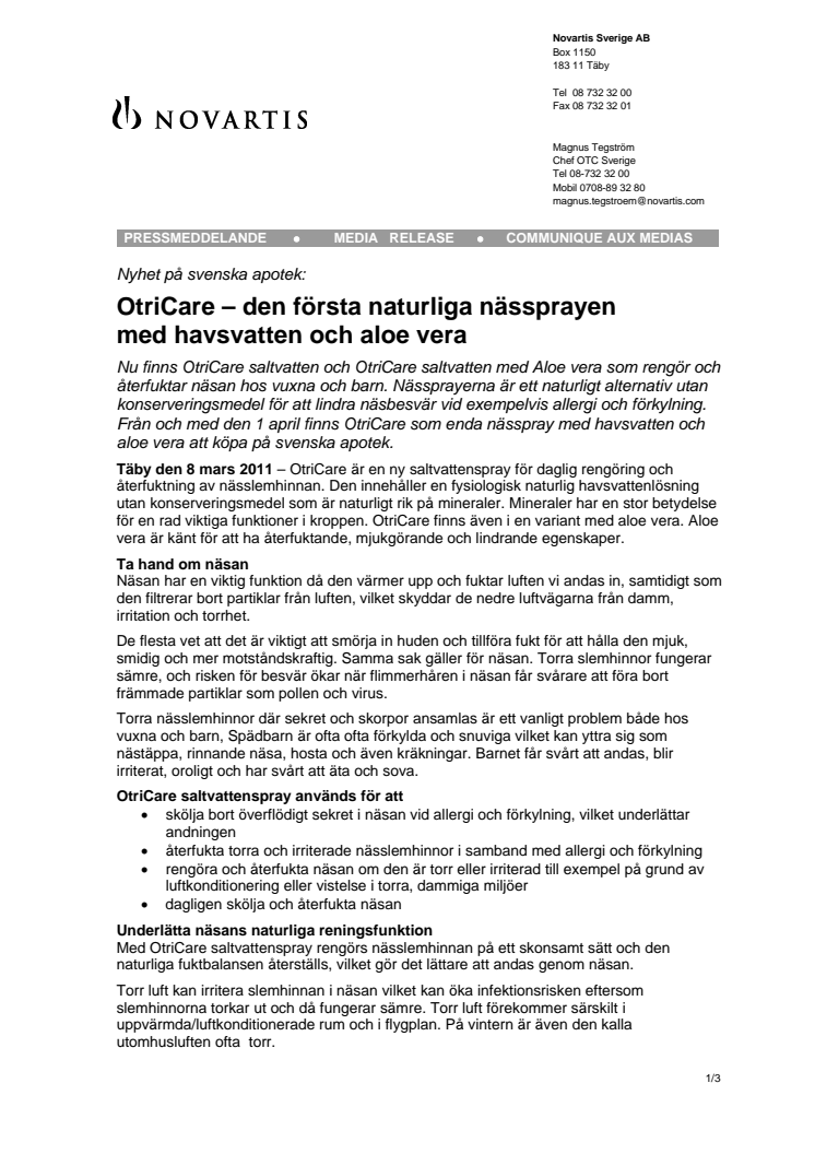 Nyhet på svenska apotek: OtriCare – den första naturliga nässprayen med havsvatten och aloe vera