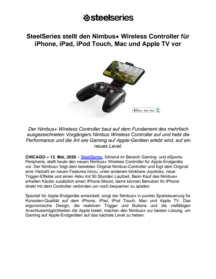 SteelSeries stellt den Nimbus+ Wireless Controller für iPhone, iPad, iPod Touch, Mac und Apple TV vor