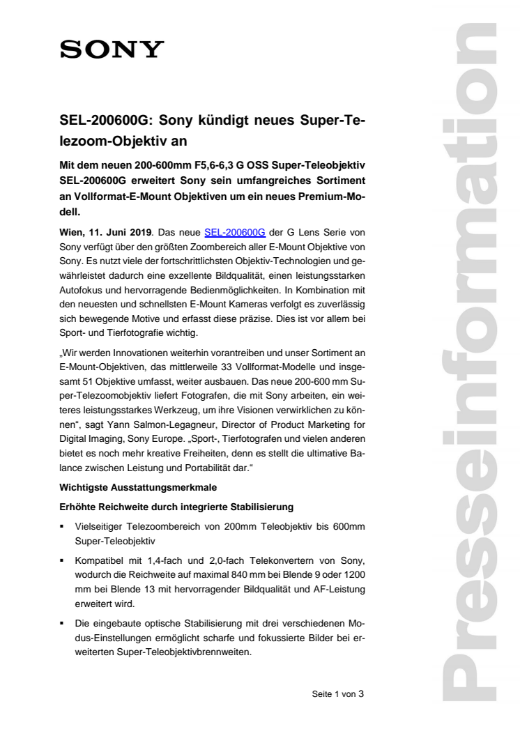 SEL-200600G: Sony kündigt neues Super-Telezoom-Objektiv an 