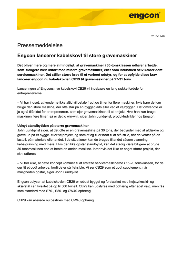 Engcon lancerer kabelskovl til store gravemaskiner