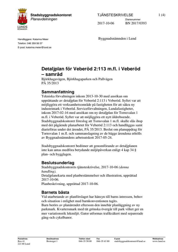 Tjänsteskrivelse för detaljplan i Veberöd