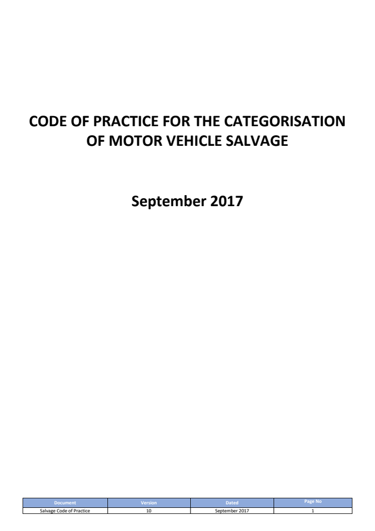 Code of Practice for the Categorisation of Motor Vehicle Salvage - September 2017