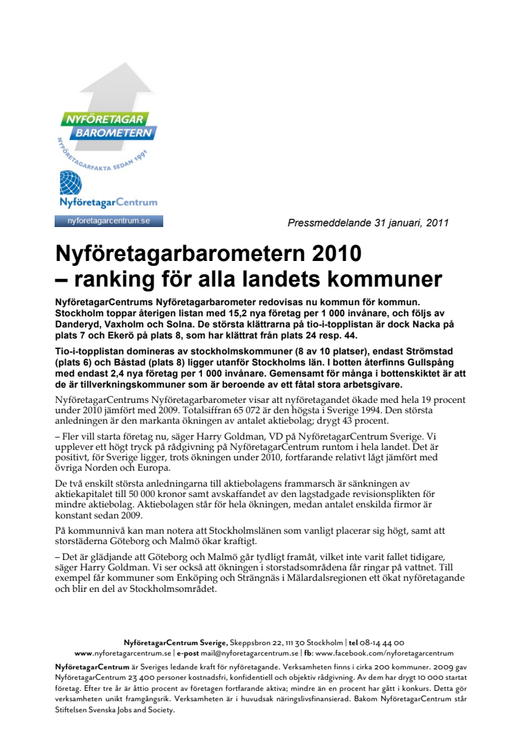 Nyföretagarbarometern 2010 – ranking för alla landets kommuner 