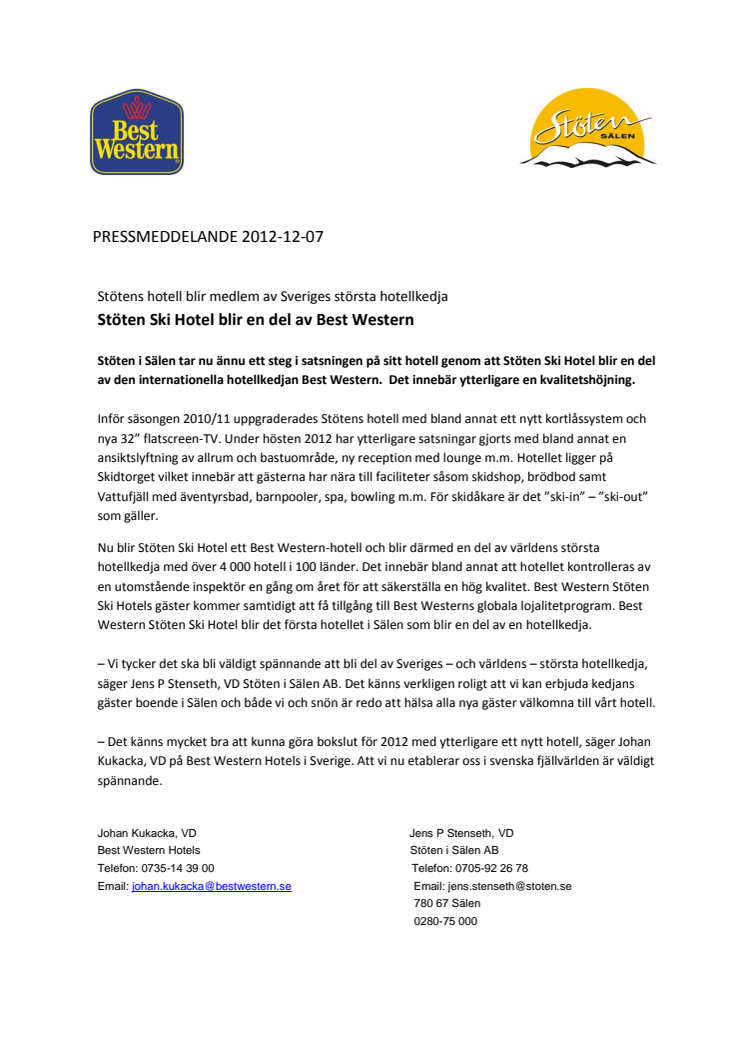 Stöten Ski Hotel blir Best Western