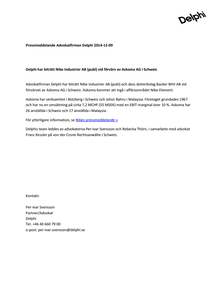 Delphi har biträtt Nibe Industrier AB (publ) vid förvärv av Askoma AG i Schweiz