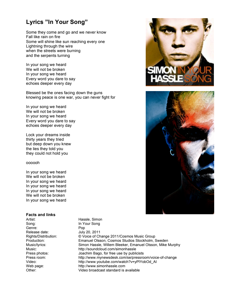 Lyrics to "In Your Song" by Simon Hassle