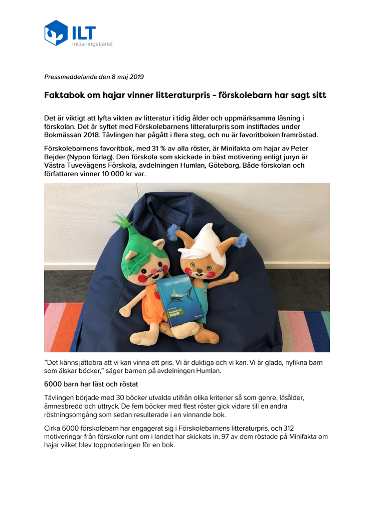 Faktabok om hajar vinner litteraturpris - förskolebarn har sagt sitt