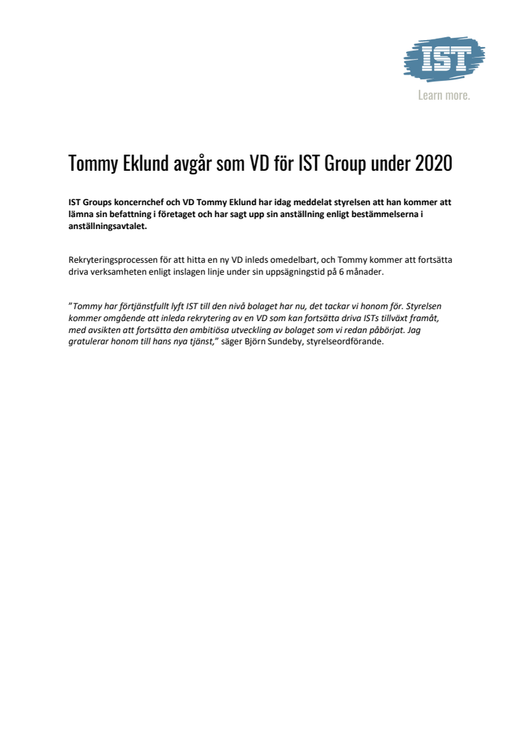 Tommy Eklund avgår som VD för IST Group under 2020 