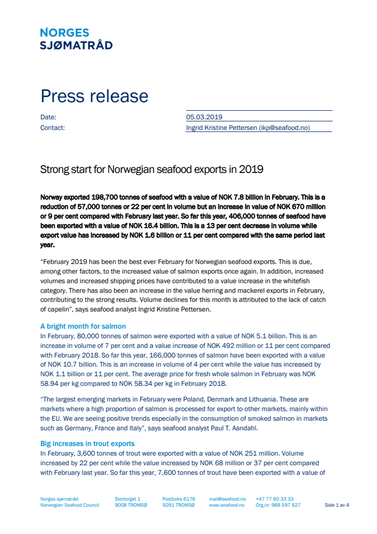 Strong start for Norwegian seafood exports in 2019