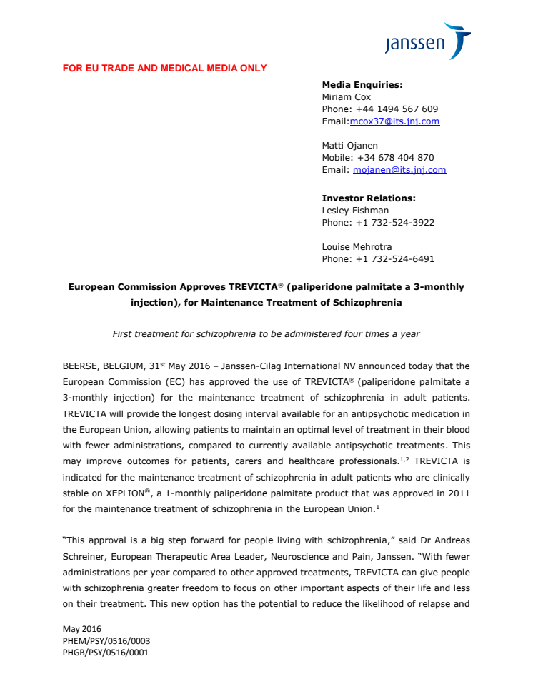 European Commission Approves TREVICTA® (paliperidone palmitate a 3-monthly injection), for Maintenance Treatment of Schizophrenia