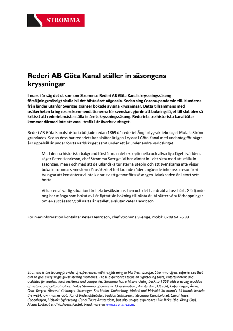 Rederi AB Göta Kanal ställer in säsongens kryssningar 