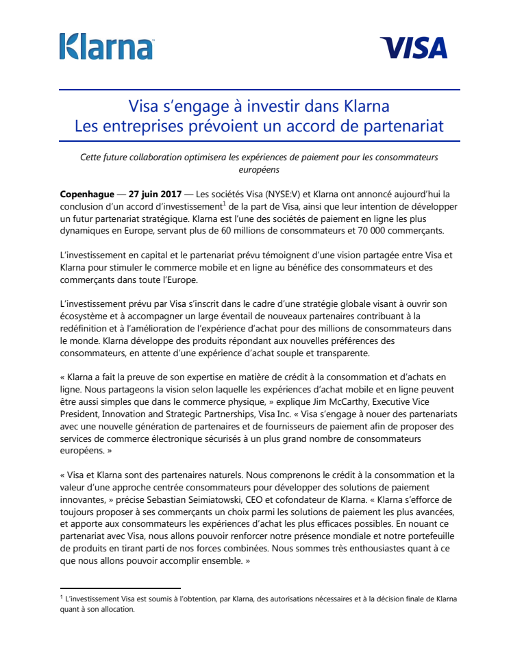 Visa s’engage à investir dans Klarna; Les entreprises prévoient un accord de partenariat