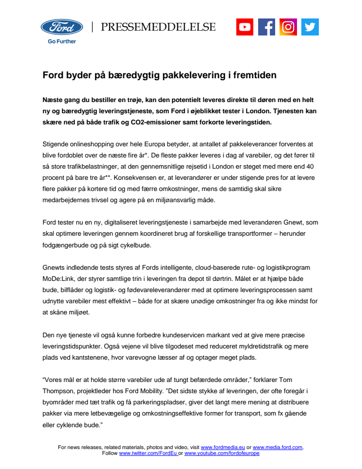 Ford byder på grøn pakkelevering i fremtiden