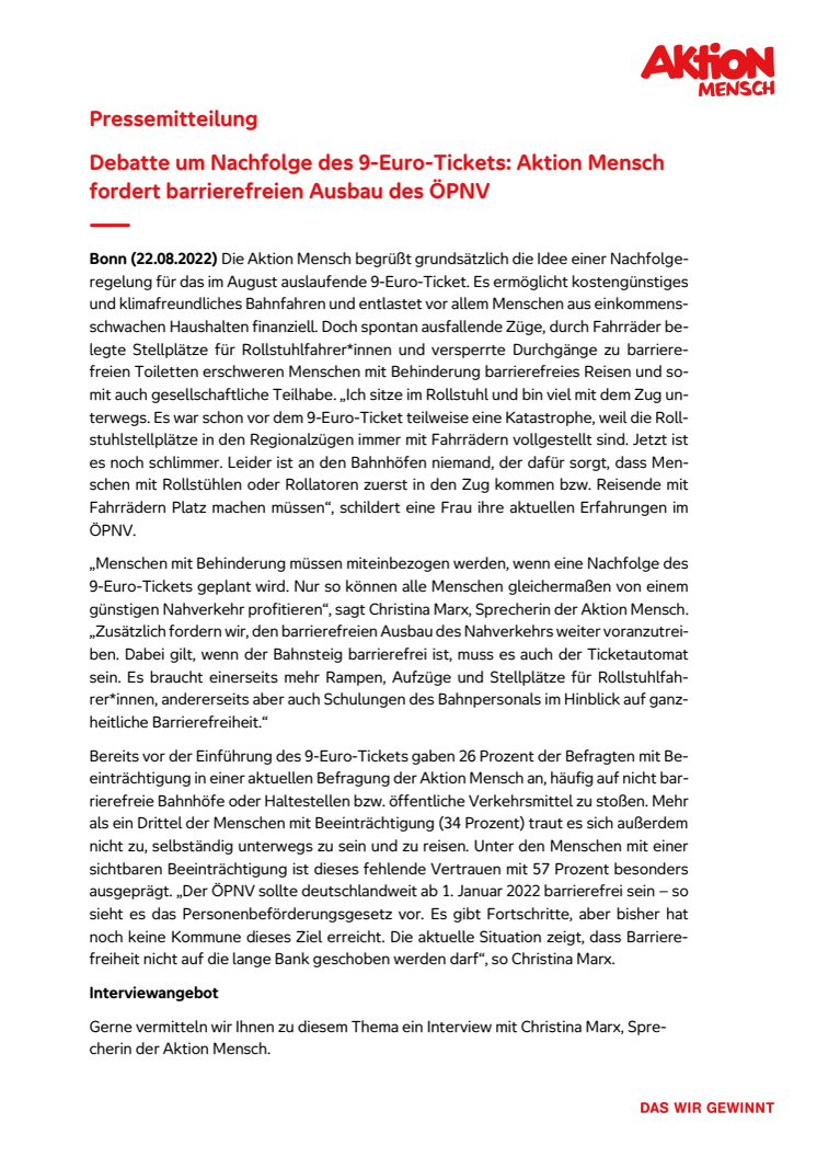 Debatte um Nachfolge des 9-Euro-Tickets: Aktion Mensch fordert barrierefreien Ausbau des ÖPNV